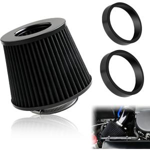 Universal Clamp-On Air Intake Filter, High Flow Closed-Top Cool Air Filter Cleaner, Tapered Cone Design, Washable & Reusable with 76 89 102 mm (3", 3.5", 4") Adapter Rings for Most Vehicles