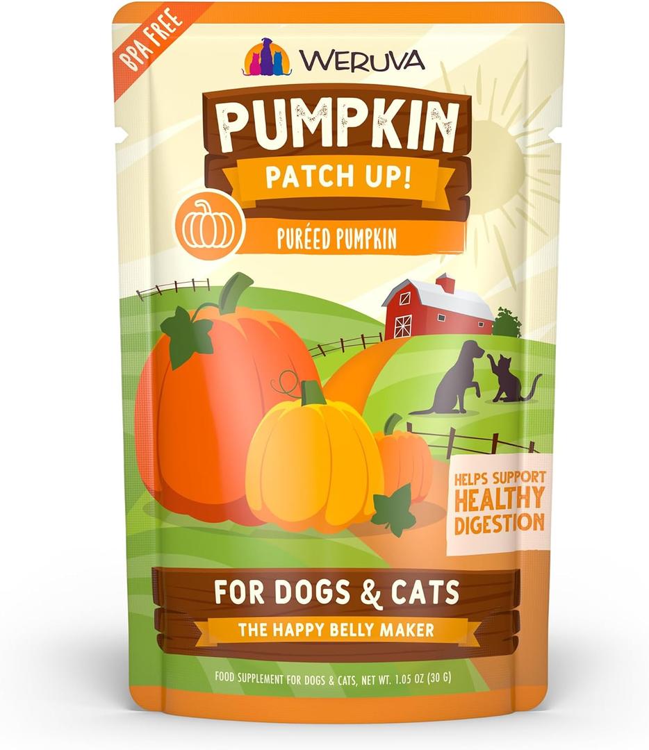 3 x Weruva Pumpkin Patch Up! Pumpkin Puree Pet Food Supplement for Dogs & Cats, 1.05oz Pouch (Pack of 12) (EXP 03/10/25)