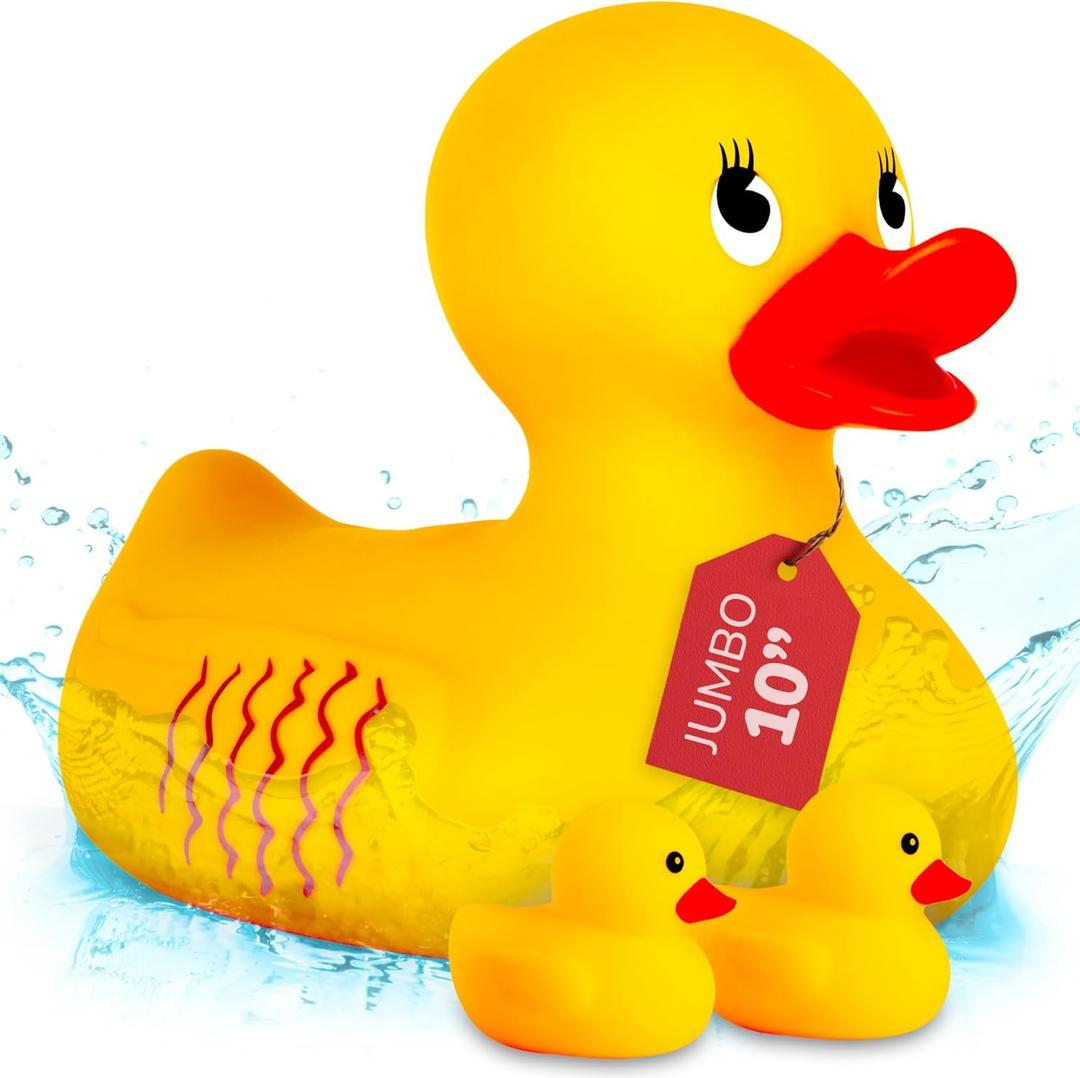 ArtCreativity Jumbo Rubber Ducky Bath Toy - 10 Inch Giant Rubber Duck with 2 Mini Duckies - Classic Large Rubber Duck for Fun-Filled Baths - Bath Toys for Kids Ages 3 and Up