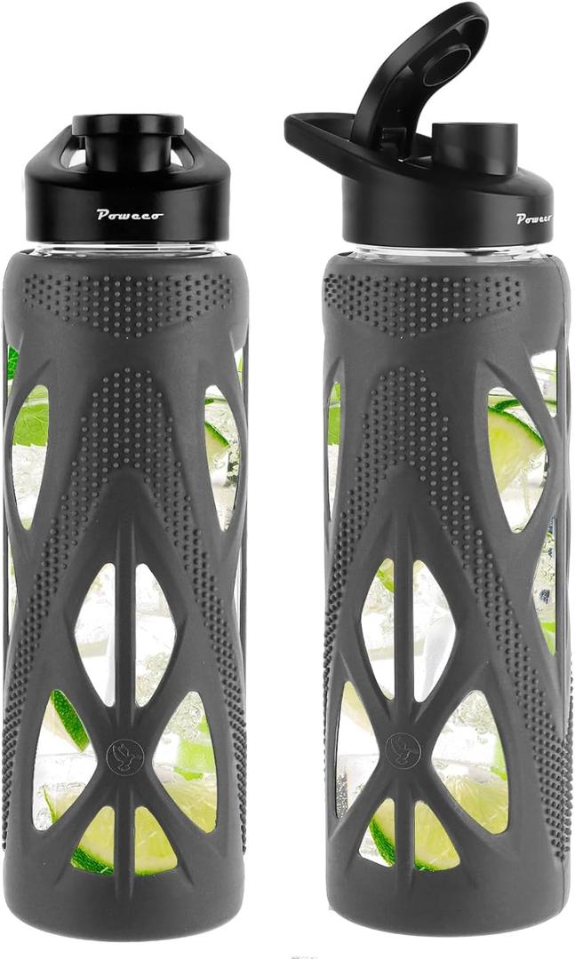 24 oz Glass Water Bottles with Silicone Sleeve and Flip Lid - Borosilicate Glass, Leakproof, BPA-Free, Perfect for Coffee, Tea and Water (Grey)