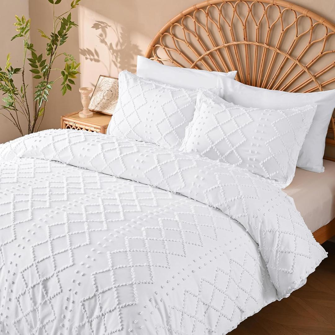 Manyshofu 5Pcs Boho King Duvet Cover Set - Tufted White Duvet Cover Pattern, Shabby Chic Boho Bedding Set Textured Comforter Covers with Embroidery Pillow Shams