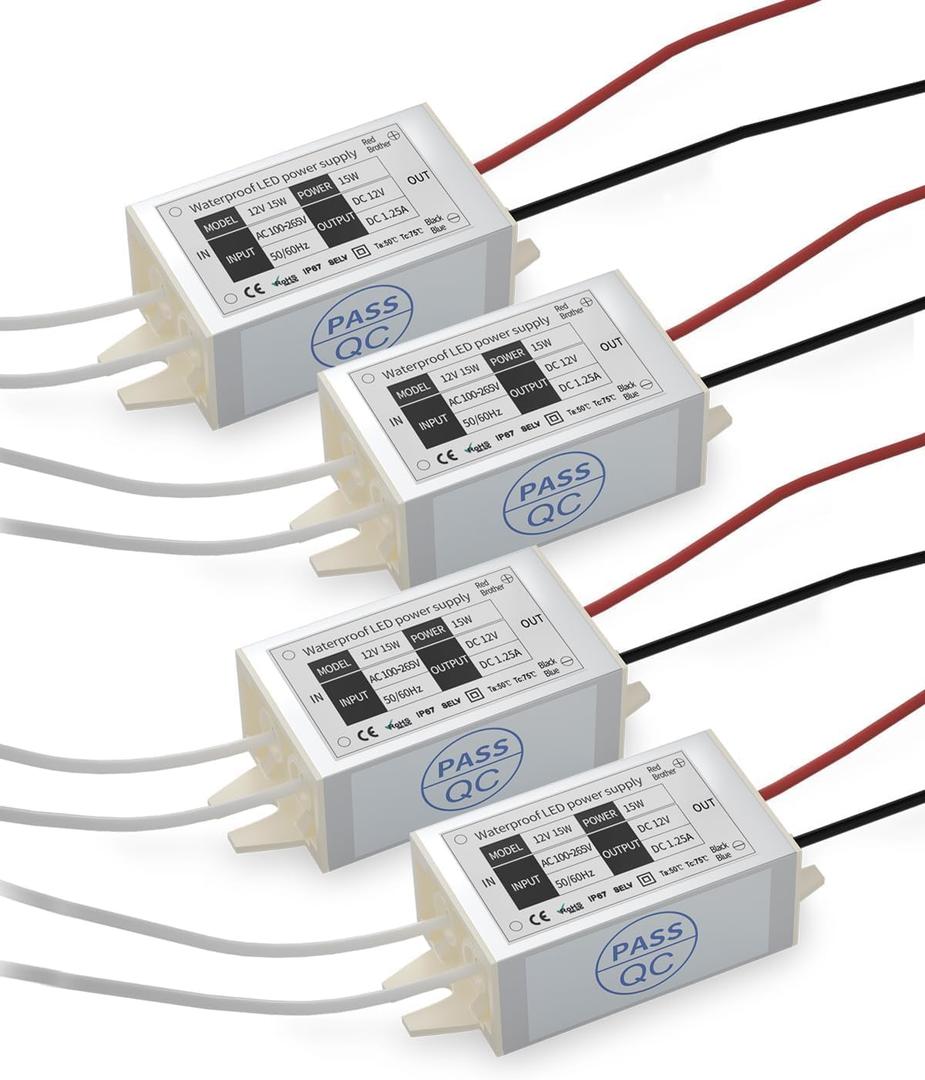 12V Power Supply LED Driver, Lustaled 15W 12 Volt Power Supply Transformer Waterproof IP67 Small 120V AC to 12V DC Converter for LED Strips, Security Cameras, Junction Box, G4 MR11 MR16 Bulbs (4-Pack)