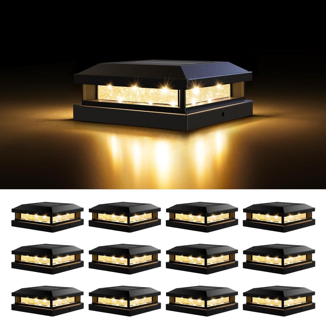 Solar Post Cap Lights Outdoor 12 Packs for 4x4 4.5x4.5 5x5 Vinyl/Wooden Posts, Waterproof Solar Powered Fence Post Light with Warm/Cool Lighting, Black 16LEDs Deck Cap Light for Garden, Patio, Porch