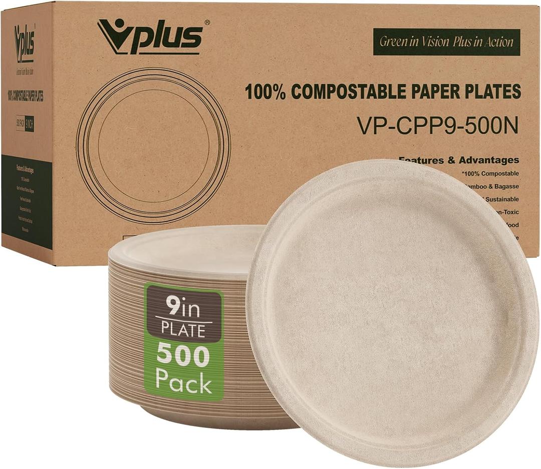 Vplus 500 Pack Paper Plates 9 inch 100% Compostable, Heavy-Duty Disposable Paper Plates Bagasse Natural Biodegradable Eco-Friendly SugarcaneNature