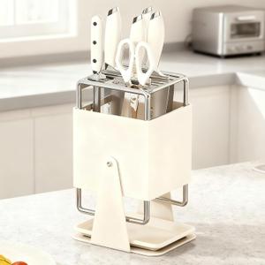 Universal Knife Block Holder Without Knives, Knife storage with Slots for Scissors and Sharpening Rod, Knife Holder Storage for Countertop, Stainless kitchen Knife Holder for Easy Clean (Cream)