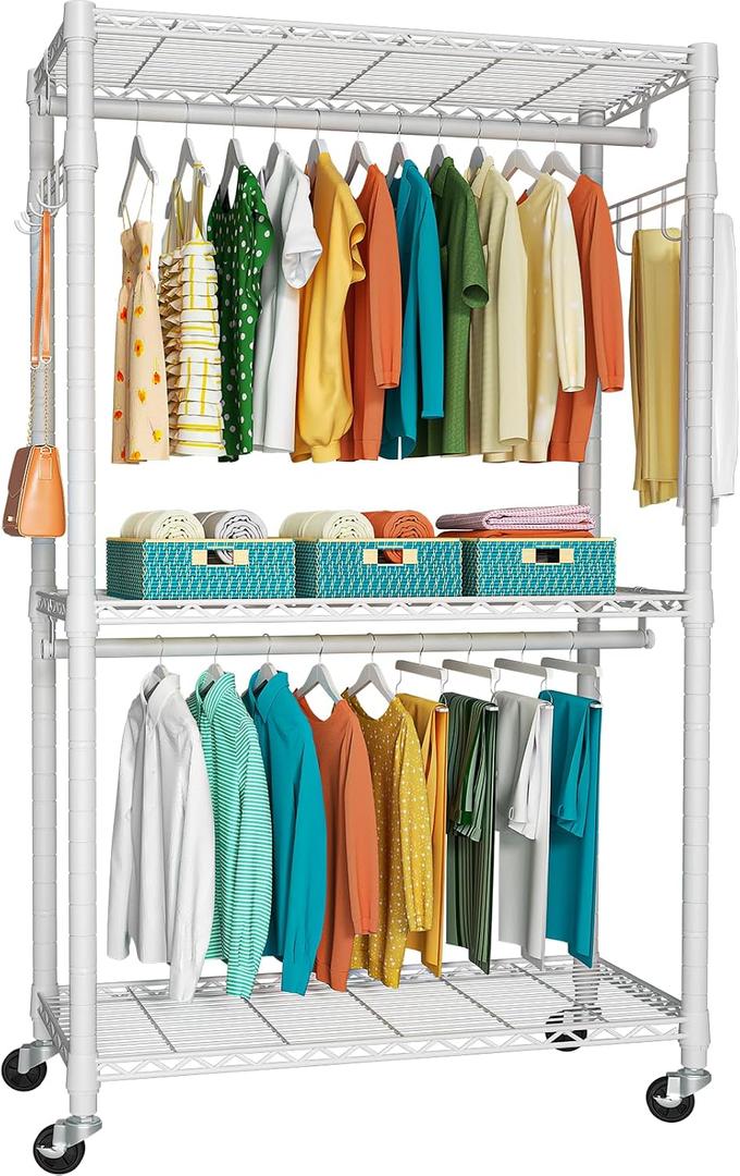 FUTASSI P1 Heavy Duty Garment Rack, 3 Tiers Adjustable Rolling Metal Closet Organizer with Lockable Wheels, FreeStanding Wardrobe with Double Hanger Rods & 1 Pair Hooks, Max Load 450 LBS, White