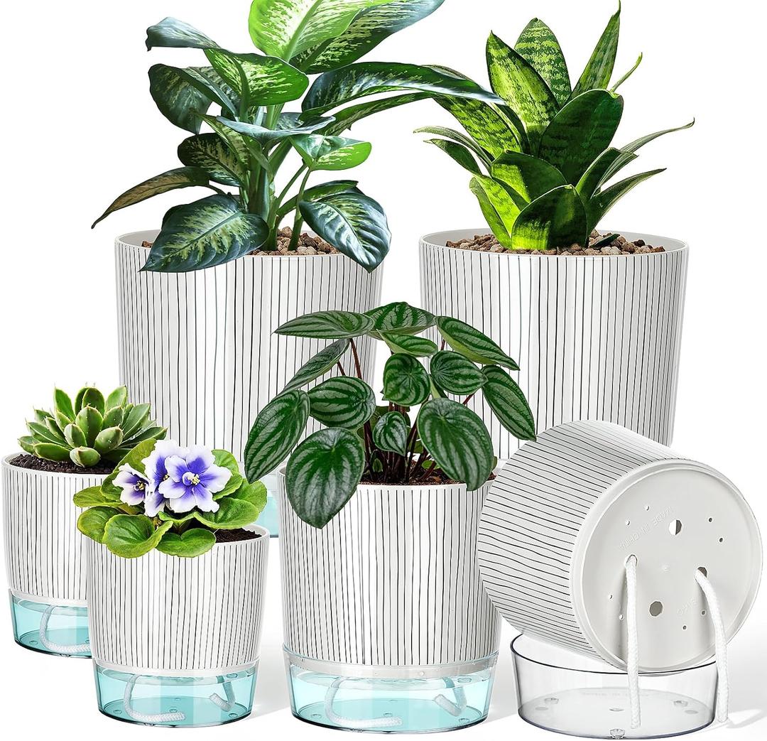 Samhe 6 Pack Self Watering Pots for Indoor Plants, 4+5.5+6.3 Inch Self Watering Plant Pots Set, Flower Pots with Wick Rope and Reservoir for African Violet, Spider Plant, Orchid