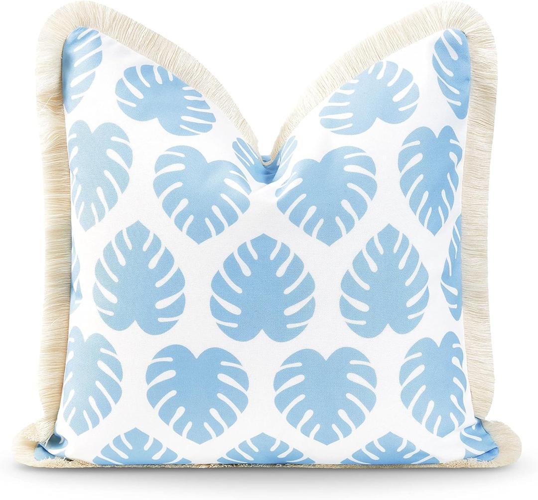 Hofdeco Premium Coastal Hampton Style Patio Indoor Outdoor Pillow Cover Only, 20"x20" Water Resistant for Backyard, Couch, Baby Blue Monstera Leaf Fringe (Baby Blue Monstera Leaf 20"x20")