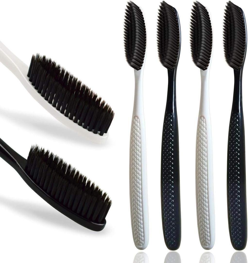 Large Long Head Toothbrush, 4-Pack, Upgraded Hard & Firm Charcoal Bristles, Whitening Teeth, Removing Plaque, Brace, Cigarette, Coffee and Other Stains, Suitable for Daily Oral Care.