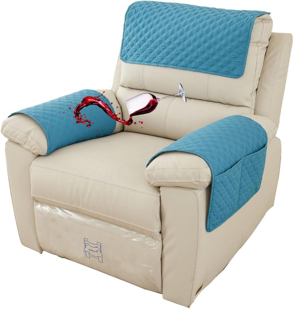 Waterproof Armchair Arm Cover 1 2 3 Seater Headrest Cover for Recliner Chair Anti-Slip Armchair Slipcover with Pockets Organiser Sofa Chair Arm Protector F for Dog, Cat, Pets (Mint Green,1 Seat 3 pc)
