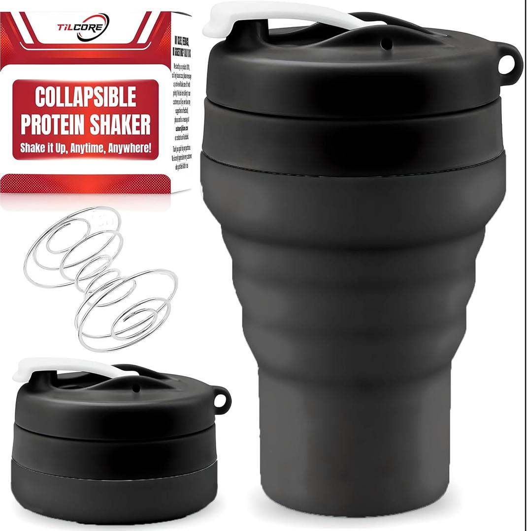Collapsible Protein Shaker & Water Bottle Food-Grade, Leakproof Lid 600mL/20oz Shaker Cup - Reusable Silicone Shaker Cups for Protein Shakes with Mixing Ball for Gym-goers & Travelers (Full Black)