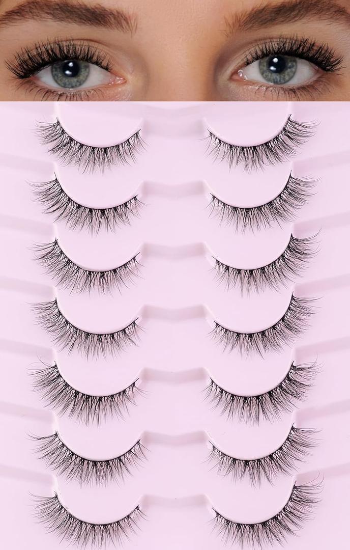 Natural Cat Eye Lashes False Eyelashes Natural 12mm Wispy Eyelashes with Thin Band 3D Volume False Lashes Soft Eye Lashes Pack C Curl Natural Eyelashes Fake Lashes 7 Pair EVENTILL