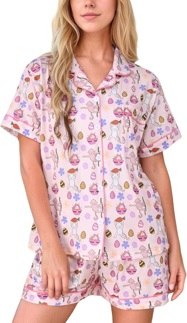 HMPEAIIY Women Y2k Pajamas Set Cute Preppy 2PCS Button Down Holiday Monkey Shorts Summer Outfit Beach Vacation Loungewear Pjs Sleepover Party Birthday Gift(Happy Easter, X-Small)