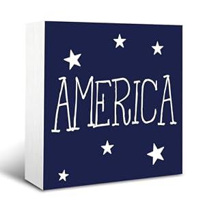 Patriotic American Wooden Box Sign Decor, Farmhouse Americana Art for Shelf Desk Living Room Entryway, 4th of July Home Accent Gift for Friends Family, 5x5 Inch