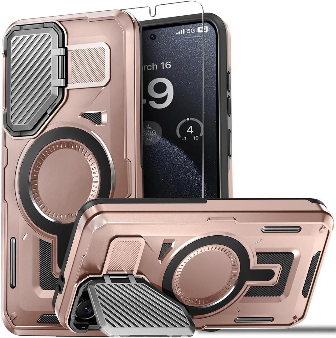 for Samsung Galaxy S24 FE Case Built-in Metal Camera Cover with Stand,[Compatible with Magsafe] Military Grade Rugged Shockproof Protective Cover with Screen Protector-Rose Gold