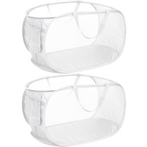Strong Mesh Pop Up Laundry Basket, Collapsible Laundry Hamper with Side Pocket, Foldable Clothes Hamper with Durable Reinforced Handles for Laundry, Bathroom, Kids Room, Dorm or Travel 2 Pack White