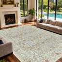 Area Rug for Living Room, 10x12 Large Washable Rugs for Dining Room, Bedroom, Non Slip Stain Resistant Carpet, Low Pile Vintage Floral Rug (Beige Blue)