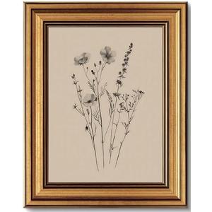 Vintage Gold Framed Canvas Wall Art, Minimalist Floral Poster Artwork, Wildflower Print Picture, Flower Plant Painting Wall Decor, for Living Room, Bedroom, Farmhouse, Home Decoration, 12x16in