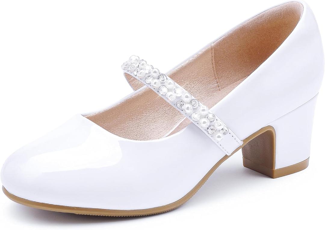 LAURMOSA Flower Girl Shoes Kids High Heels Mary Jane Flats Cute Pearl Rhinestones Girls Dress Pumps Shoes for Church Wedding Party Little Big Kids. size 13