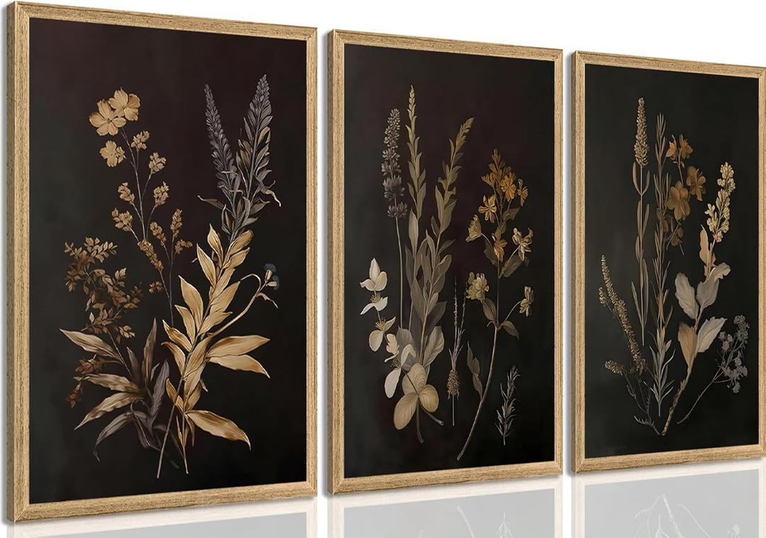 Yudinbin Dark Botanical Canvas Wall Art Vintage Moody Floral Poster Prints with Dark Academia Aesthetic Gallery Painting Wall Decor for Living Room Bedroom or Office 12x16 Inch Set of 3 Unframed