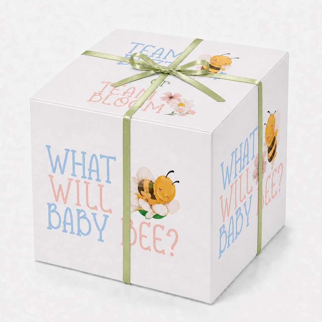 Baby Bee Gender Reveal Box, Large Balloon Surprise Box for Boy or Girl | 19 X 19 X 20 Inch Gift Box with Lid, Satin Ribbon Included, Easy Assembly, Baby Shower Decorations & Party Games