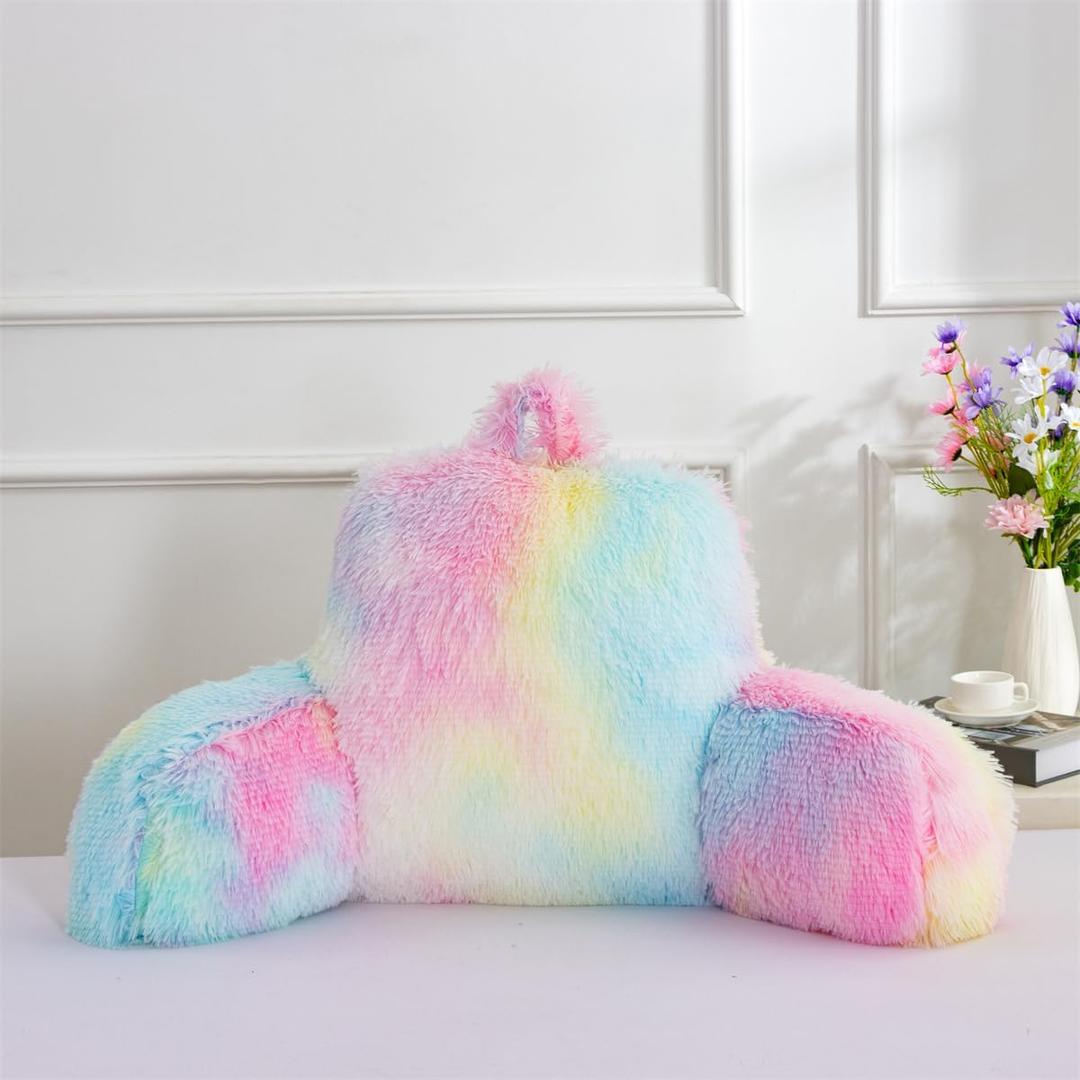 Holawakaka Shaggy Reading Pillow for Bed and Sofa Couch Sitting Up, Tie Dye Backrest Pillows with Arms for Kids Teens Adults, Back Support Cushion for Lounging, Watching TV, Working on Laptop (Multicolor)