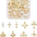 Cheriswelry 18Pcs Cross Metal Charms Light Gold Pearl Rhinestone Pendants Alloy Hanging Ornament 16-39mm 9 Styles for DIY Necklace Bracelet Earring Jewelry Making