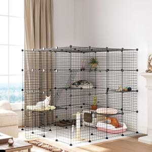 PawHut Cat Cage, 4 x 4 x 4 DIY 4 Tier Cat Enclosure, Detachable Wire Indoor Catio with Hammock, Jumping Platforms, Ramps, Doors, for 1-3 Kittens, 55" L x 55" W x 55" H, Black