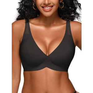 Jelly Bras for Women - S-L Wireless Deep V No Underwire Bralette with Support - Seamless Comfortable Padded T-Shirt Bra (Black, L)