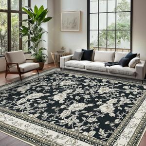 Black Floral Rug 5x7 Machine Washable Area Rug for Living Room Vintage Boho Farmhouse Low Pile Distressed Carpet for Dining Room, Bedroom Indoor Non-Slip Black Beige Taupe Flower Design Home Decor