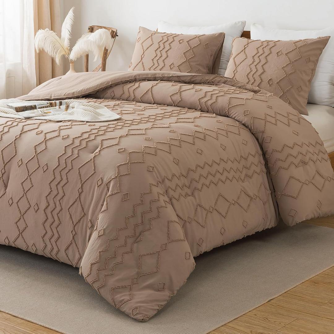 Andency Taupe Tufted Comforter Set Full(79x90Inch), 3 Pieces(1 Boho Comforter, 2 Pillowcases) Textured Farmhouse Bed, Soft Down Alternative Geometric Bedding Set