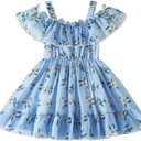 AGQT Toddler Girls Floral Print Dress Chiffon Off Shouler Casual Dress Ruffle Hem Tunic Dress Size 1-8T (5-6 Years, 7263z13# White Flower on Blue-off Shoulder)