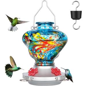 Hummingbird Feeder for Outdoors with Ant Moat, Blue Hummingbird Feeder, Hand Blown Twisted Glass, 4 Bee Guard Feeding Ports with Perch, Outdoor Dcor, 16OZ, Gifts for Mom Wife Dad Men Women