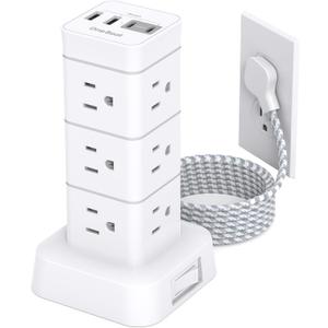 Surge Protector Power Strip Tower, 12 Outlets 4 USB (2 USB C) Desktop Charging Station for Multiple Devices, 6Ft Flat Plug Extension Cord with Multiple Outlets, Home Office College Dorm Essentials (White)