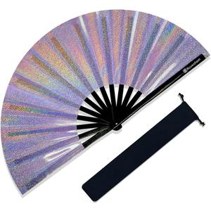 Large Rave Fan, Clack Folding Hand Fan with Premium Fabric, Thick Bamboo Frame for Men Women Gift for EDM, Festival, Club, Party, Dance, Decoration (Lridescent Purple, 13")