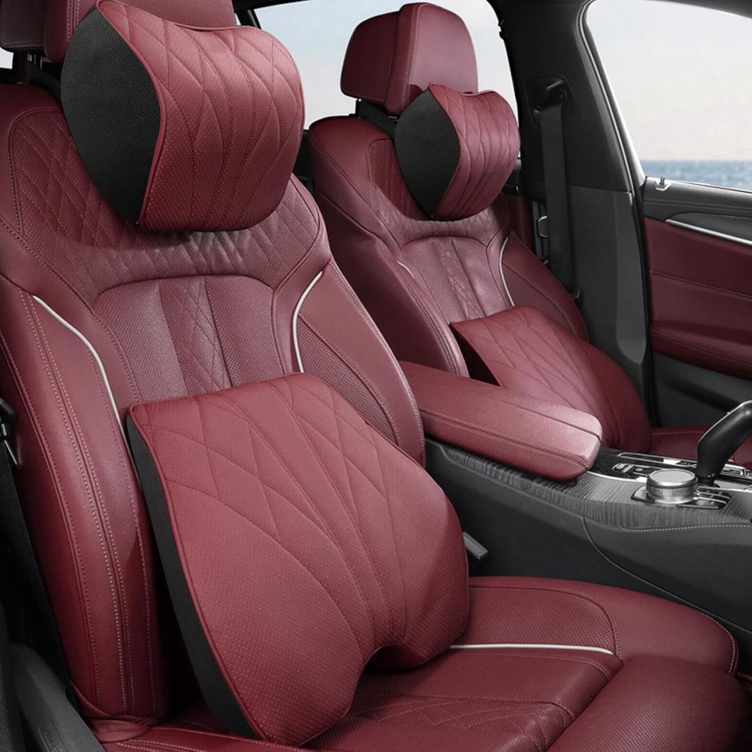 2 Packs Car Neck Pillow for BMW X3 X5 X1 X2 X4 X6 X7 1 2 3 4 5 6 7 Series Car Soft PU Leather Headrest and 100% Memory Foam Car Seat Pillow Head Neck RestCushion Accessories (Red)