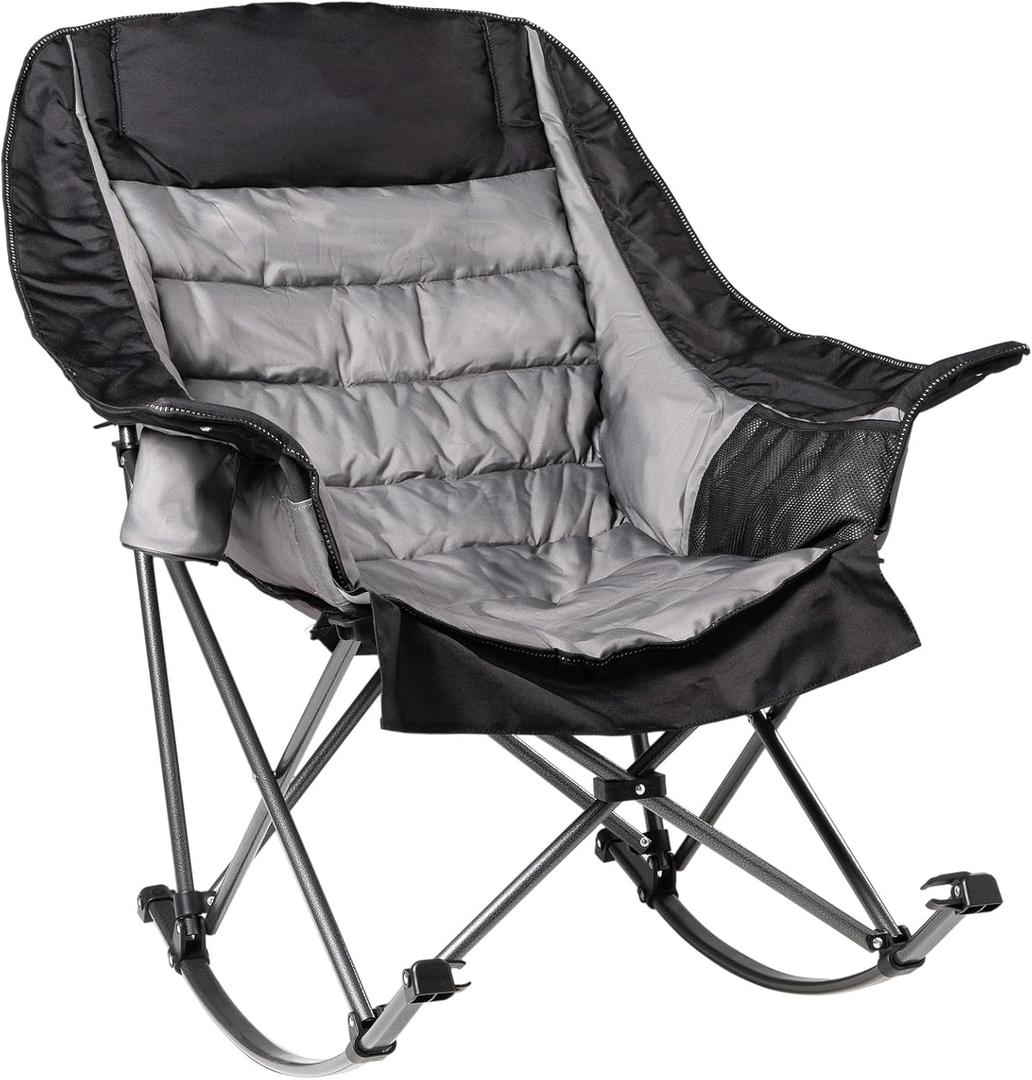Oversized Rocking Camping Chair for Adults - 400lbs Capacity Padded Camp Chair with Cup Holder, Portable Foldable Outdoor Rocker Chair for Camping, Backyard, Patio (Black & Gray)
