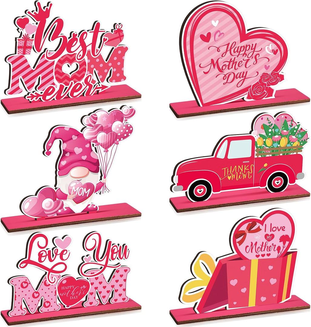 DoubleFill 6 Pcs Mother's Day Centerpiece Table Decorations Happy Mother's Day Wooden Table Topper Sign with Base Gnome Flower Best Mom Ever Love You Mom for Kitchen Home Party