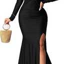 Vakkest Women's Off Shoulder Prom Evening Gowns Sexy High Split Maxi Dress Long Sleeve Cocktail Wedding Guest Dresses L 