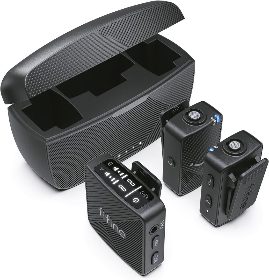 FIFINE Wireless Lavalier Microphone for iPhone/Android/Camera, 2 Pack Cordless Lapel Mic System for Vlog Recording Video YouTube/TikTok Interview, Condenser Clip-On Microphone with Charging Case-M9 (Black)