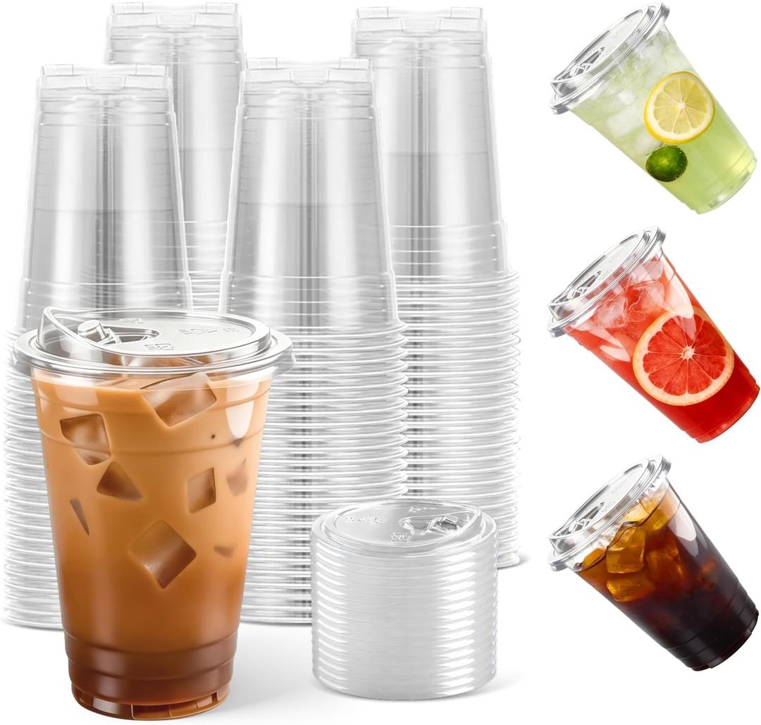 100-Pack 20 oz Iced Coffee Cups with Lids, Disposable Plastic Cups with Lids - BPA-Free, Perfect for Iced Coffee, Milkshakes, and Juices, Ideal for Home, Office, and Parties