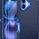 for iPhone 16 Case with 2 Pack Tempered Glass Screen Protector Heavy Duty Protective Shockproof 3-Layer Full Body Protection Tough Rugged Cover for Apple iPhone 16 6.1",Navy Blue