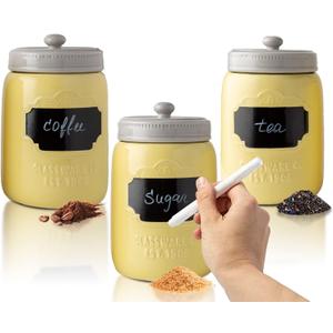 Mason Jar Ceramic Canister Set for Kitchen - Set of 3 Decorative Storage Containers with Air-Tight Lids for Coffee, Sugar & More - Country Style Storage w/Reusable Writable Surface - 12.85oz/Canister
