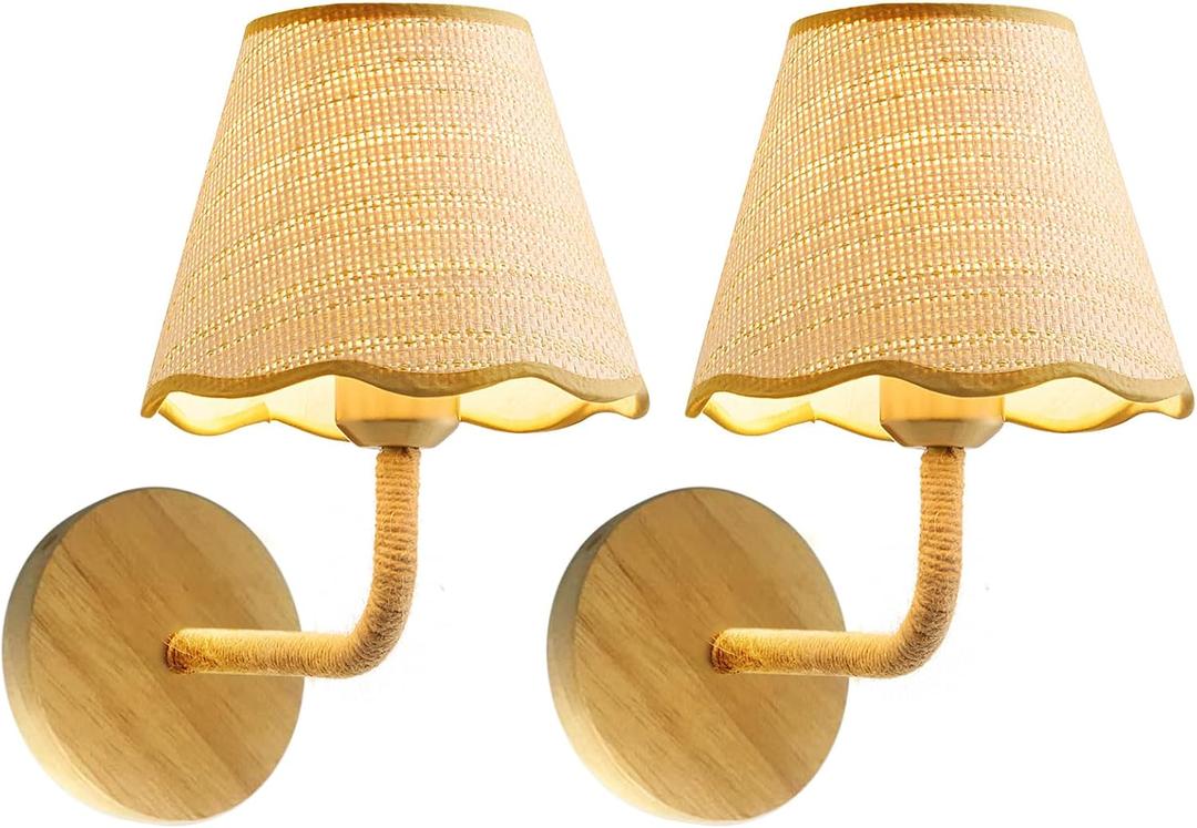 Set of Two Stick-On Hand Woven Wall Sconces, Battery Operated Wireless Wall Sconces with Remote Controlled, Adjustable Brightness Living Room Wall Decor(E26 Bulb Included)