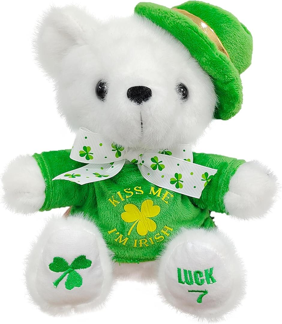 St Patricks Day Green Teddy Bear Stuffed Animal, Teddy Bear 3-Leaf Clover Plush Toys St Patricks Day Gifts for Kids St.Patrick's Day Indoor Outdoor Part Decorations