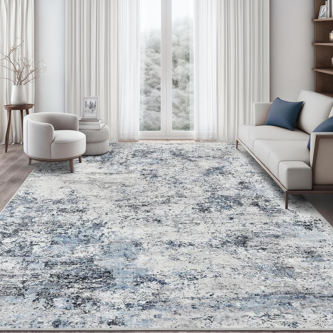 Living Room Area Rugs,8x10 Abstract Large Washable Rug Neutral Modern Low Pile Carpet for Bedroom Foldable Soft Rug for Dining Room Farmhouse Home Office, (Grey Blue,8'x10')