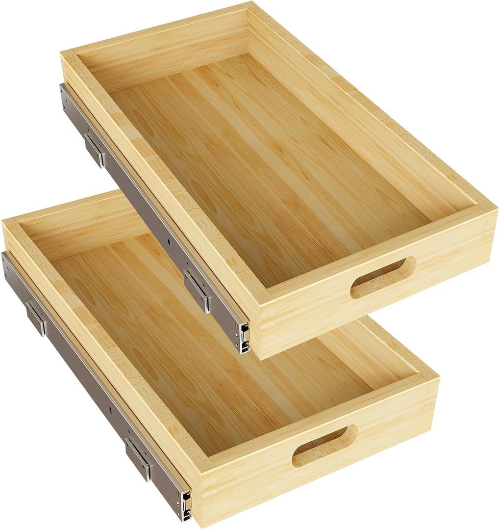 2 Set Pull Out Cabinet Organizer, Soft Close Slide Out Wood Drawer Storage Shelves for Kitchen, Base Cabinet Organization for Pantry, Finished, Heavy-Duty, Bottom Assembly (12 W x 21 D)