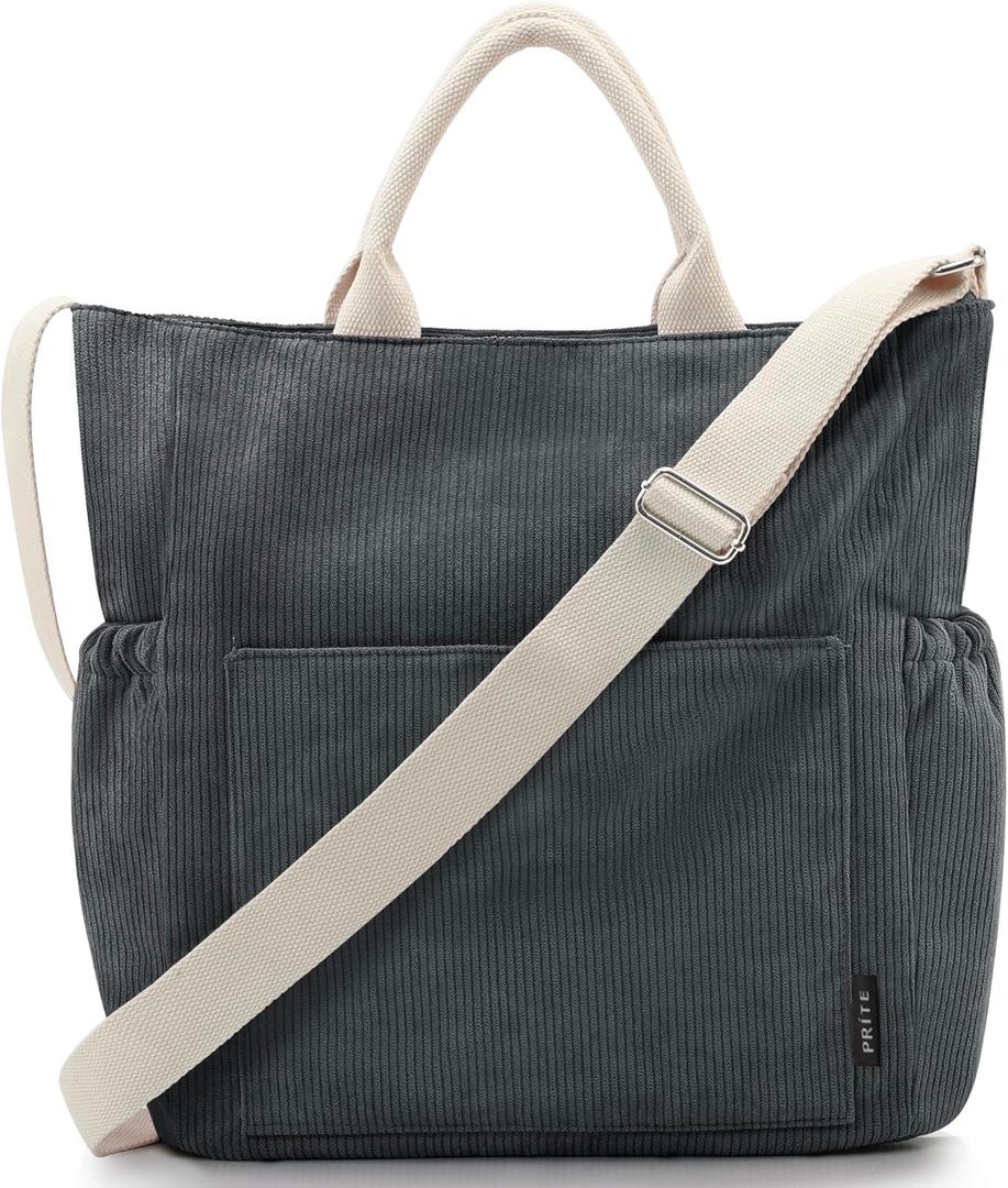 Prite Corduroy Tote Bag for Women Large Crossbody Hobo Shoulder Bag with Pockets Tote Handbag for Work,College,Shopping (Grey)