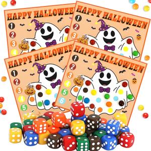 ERTIUANIO Halloween Games for Kids Party, Halloween Dice Rolling Game with 30 Fun Ghost Gards and 30 Dice for Adults Teens, Halloween Kids Games for Classroom Family School Activities Party Supplies