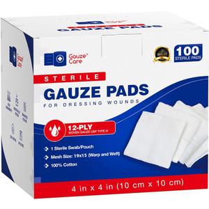 100pc Large Sterile Gauze Pads 4x4 Sterile for Wounds Bulk - 12ply Woven Gauze Sponges 4x4 Sterile - USP IV Breathable Mesh 4x4 Gauze Pads Sterile for Enhanced Absorption - First Aid Medical